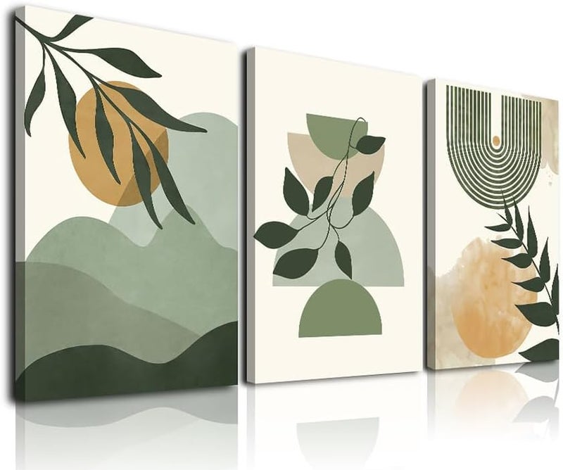 KBKBART All-item unified delivery Green Boho Wall Art Set of 3, Framed Canvas Wall Art Green Leaves Sun Mountain Abstract Geometric Line Artwork, Mid-Century Modern Wall Prints Poster, Nordic Green Boho Wall Decor for Living Flexible use switching - Image 2