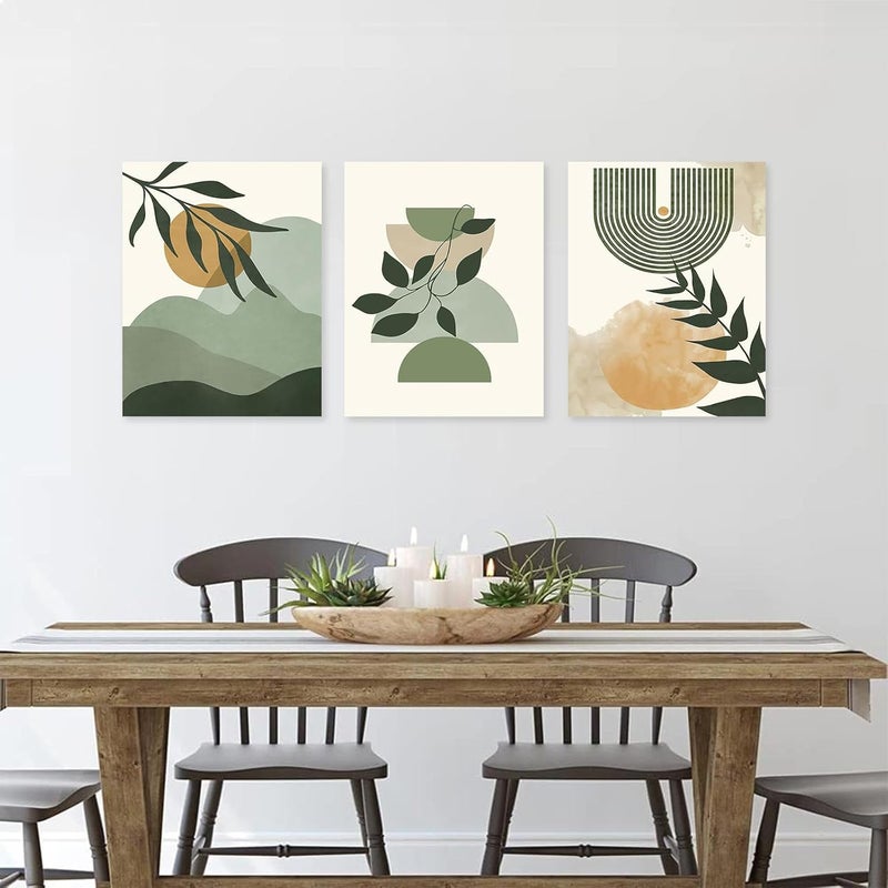 KBKBART All-item unified delivery Green Boho Wall Art Set of 3, Framed Canvas Wall Art Green Leaves Sun Mountain Abstract Geometric Line Artwork, Mid-Century Modern Wall Prints Poster, Nordic Green Boho Wall Decor for Living Flexible use switching - Image 3