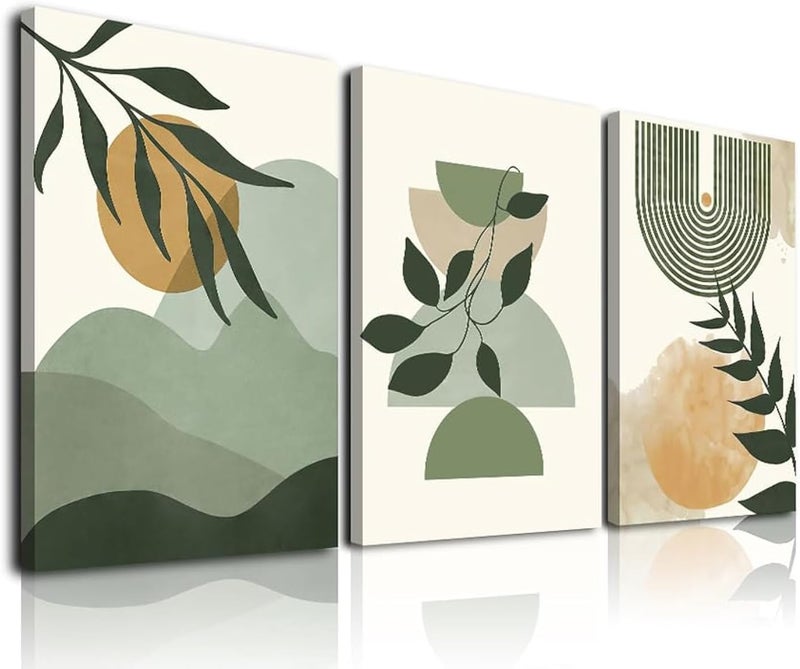 KBKBART All-item unified delivery Green Boho Wall Art Set of 3, Framed Canvas Wall Art Green Leaves Sun Mountain Abstract Geometric Line Artwork, Mid-Century Modern Wall Prints Poster, Nordic Green Boho Wall Decor for Living Flexible use switching - Image 1