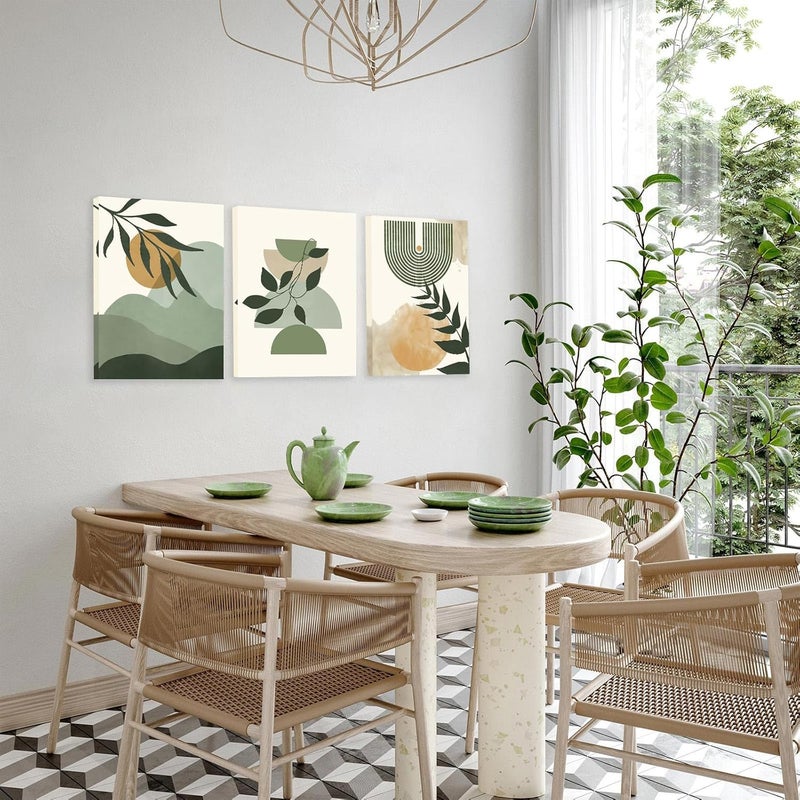 KBKBART All-item unified delivery Green Boho Wall Art Set of 3, Framed Canvas Wall Art Green Leaves Sun Mountain Abstract Geometric Line Artwork, Mid-Century Modern Wall Prints Poster, Nordic Green Boho Wall Decor for Living Flexible use switching - Image 4