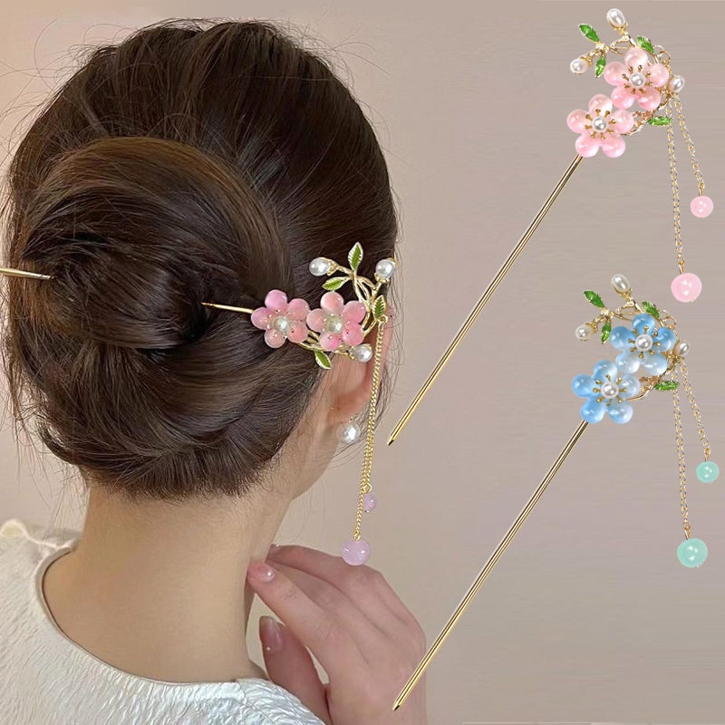 BQSAZHYJ 2Packs Lily of the Valley Chinese Hair Sticks for Buns, Pearl Flower Vintage Metal Hair Chopsticks for Women and Girls Dangle Tassel Pendant Accessories Hanfu Handmade Decor Hairpin (blue) - Image 1