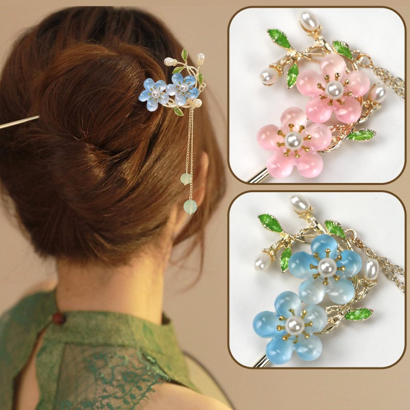 BQSAZHYJ 2Packs Lily of the Valley Chinese Hair Sticks for Buns, Pearl Flower Vintage Metal Hair Chopsticks for Women and Girls Dangle Tassel Pendant Accessories Hanfu Handmade Decor Hairpin (blue) - Image 3