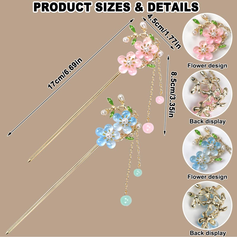 BQSAZHYJ 2Packs Lily of the Valley Chinese Hair Sticks for Buns, Pearl Flower Vintage Metal Hair Chopsticks for Women and Girls Dangle Tassel Pendant Accessories Hanfu Handmade Decor Hairpin (blue) - Image 2