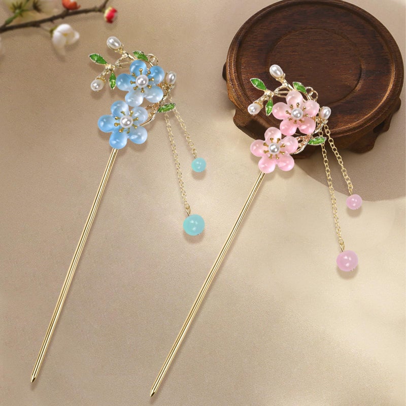 BQSAZHYJ 2Packs Lily of the Valley Chinese Hair Sticks for Buns, Pearl Flower Vintage Metal Hair Chopsticks for Women and Girls Dangle Tassel Pendant Accessories Hanfu Handmade Decor Hairpin (blue) - Image 4