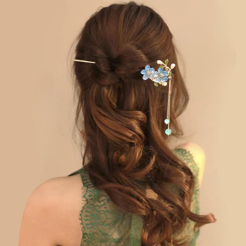 BQSAZHYJ 2Packs Lily of the Valley Chinese Hair Sticks for Buns, Pearl Flower Vintage Metal Hair Chopsticks for Women and Girls Dangle Tassel Pendant Accessories Hanfu Handmade Decor Hairpin (blue) - Image 5