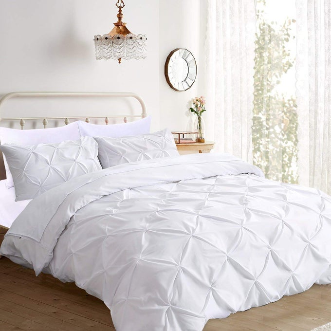 PREMIUM QUALITY 3PC PINCH PLEATED DUVET COVER SET WITH ZIPPER CLOSURE CORNER TIESSOLID 1000TC ULTRA SOFT PILLOW SHAMS 100 EGYPTIAN COTTON OVER SIZE SUPER KING 120 X 98 PINTUCK WHITE