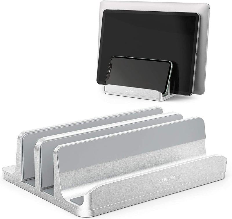 Smilee Vertical Laptop Stand for Desk, Heavy Duty Polished Aluminum Desktop Holder for Laptop, Tablet and Phone (3 Slots, Silver) - Image 1