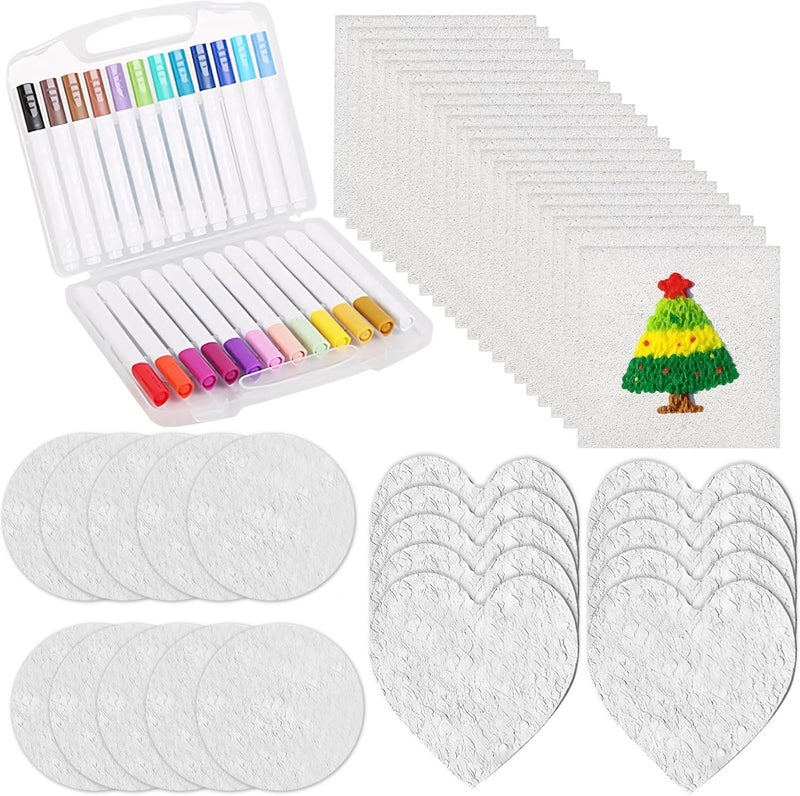 Kronabelle Magic Foam Texture Painting Kit 54 Pcs, with Wood Pulp Cotton Arts and Crafts, 20 Square 10 Heart 10 Circle Boards, 12 Color Pens, 2 Water Pens - Image 1