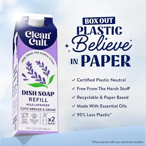 Cleancult Dish Soap Liquid Refill (32oz, 1 Pack) - Plant Based Cleaning Power - Dish Soap that Cuts Grease & Grime - Free of Harsh Chemicals - Uses 90% Less Plastic - Wild Lavender - Image 2
