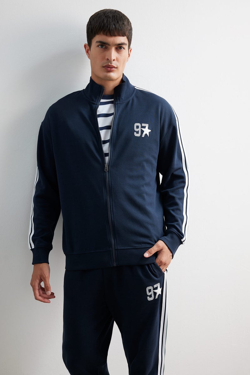 DeFacto Blue Man Boxy Fit High Neck Slogan Cardigan Casual - Image 1