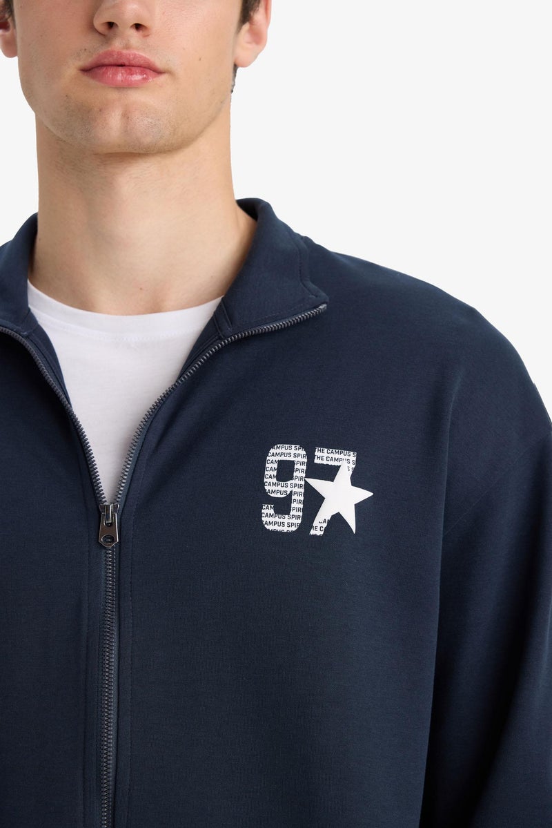 DeFacto Blue Man Boxy Fit High Neck Slogan Cardigan Casual - Image 3