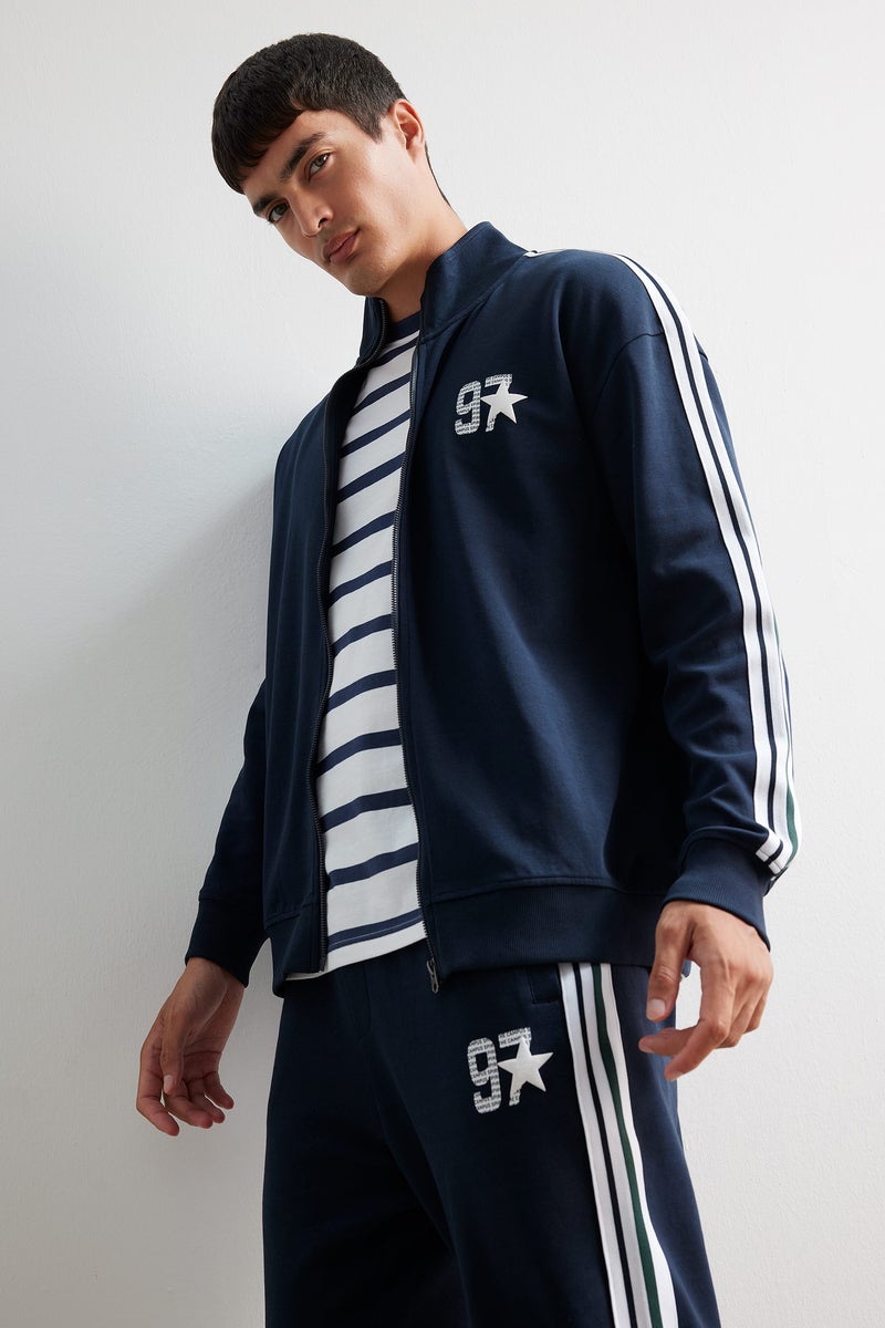 DeFacto Blue Man Boxy Fit High Neck Slogan Cardigan Casual - Image 2