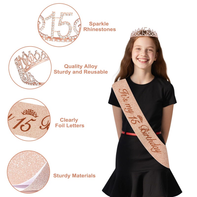 Juesly 15th Birthday Decorations for Girls, 49pcs Black Rose Gold Black Banner, Tablecloth, Butterfly Decor, 15th Birthday Sash and Tiara, Cake Topper, Candles, Balloons Arch - Image 4
