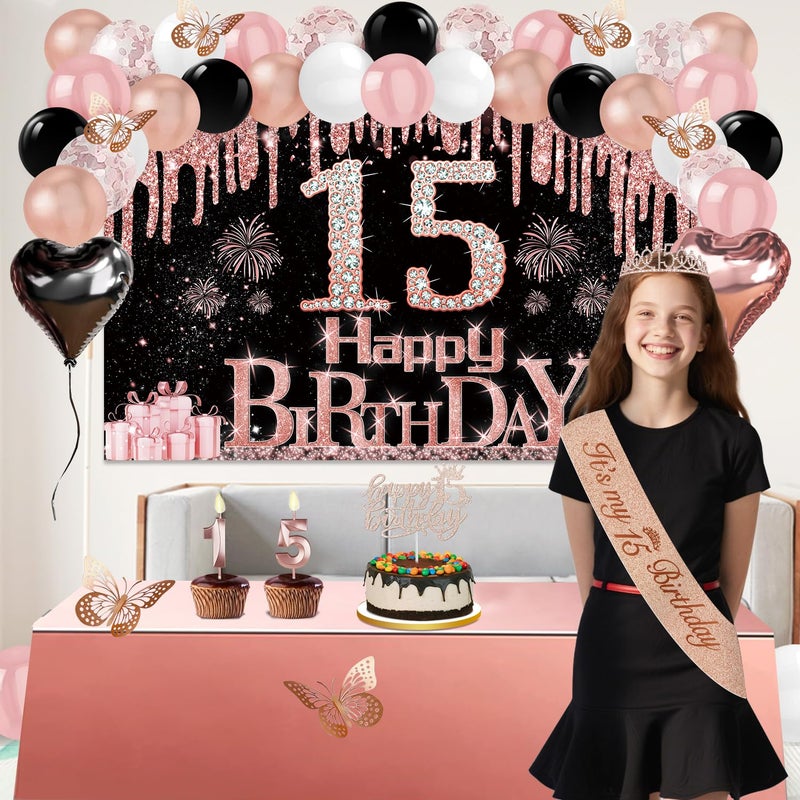 Juesly 15th Birthday Decorations for Girls, 49pcs Black Rose Gold Black Banner, Tablecloth, Butterfly Decor, 15th Birthday Sash and Tiara, Cake Topper, Candles, Balloons Arch - Image 2