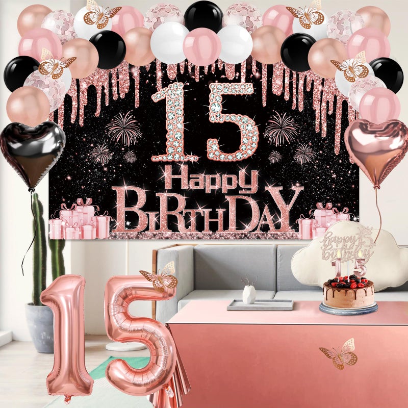 Juesly 15th Birthday Decorations for Girls, 49pcs Black Rose Gold Black Banner, Tablecloth, Butterfly Decor, 15th Birthday Sash and Tiara, Cake Topper, Candles, Balloons Arch - Image 5