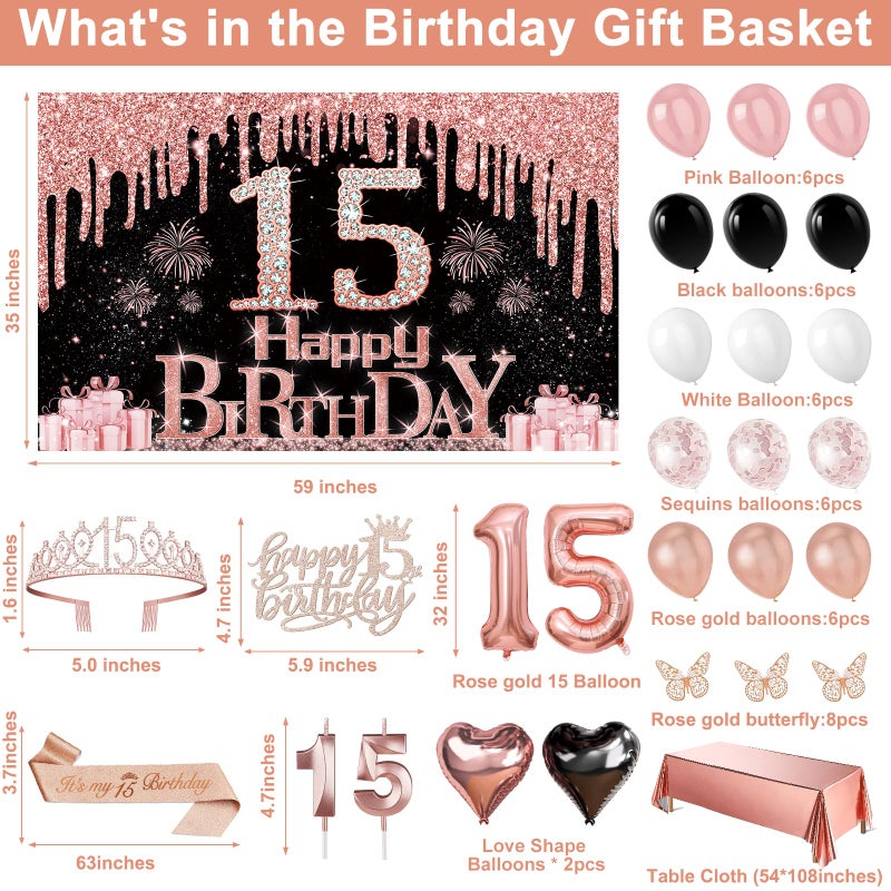 Juesly 15th Birthday Decorations for Girls, 49pcs Black Rose Gold Black Banner, Tablecloth, Butterfly Decor, 15th Birthday Sash and Tiara, Cake Topper, Candles, Balloons Arch - Image 3