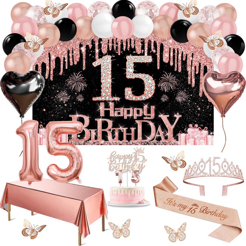 Juesly 15th Birthday Decorations for Girls, 49pcs Black Rose Gold Black Banner, Tablecloth, Butterfly Decor, 15th Birthday Sash and Tiara, Cake Topper, Candles, Balloons Arch - Image 1
