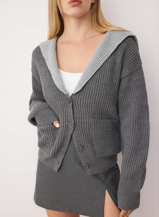 trendyol Anthracite Color Block TurnDown Collar Soft Texture Knitwear Cardigan - Image 3