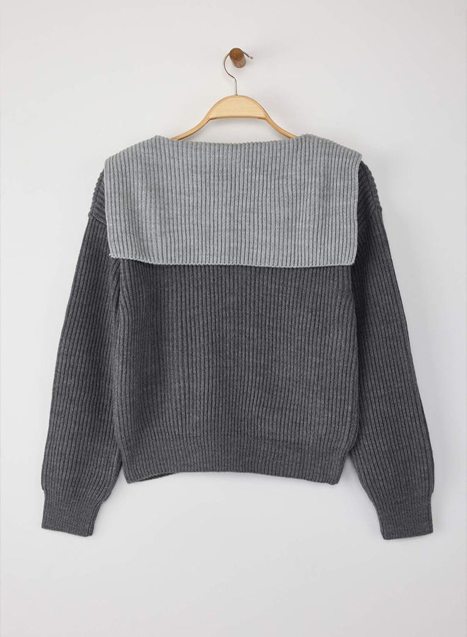 trendyol Anthracite Color Block TurnDown Collar Soft Texture Knitwear Cardigan - Image 5