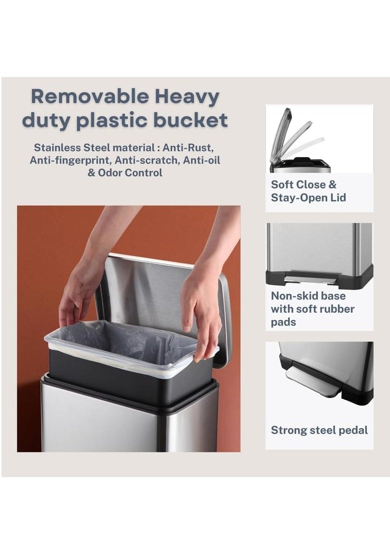 WT-EASYCARE 20L Stainless Steel Trash Bin – Removable Plastic Bucket, Soft Close & Stay-Open Lid, Strong Pedal, Odor Control, Non-Skid Base, Anti-Fingerprint – Ideal for Home, Office, Bedroom & Events  - Image 4