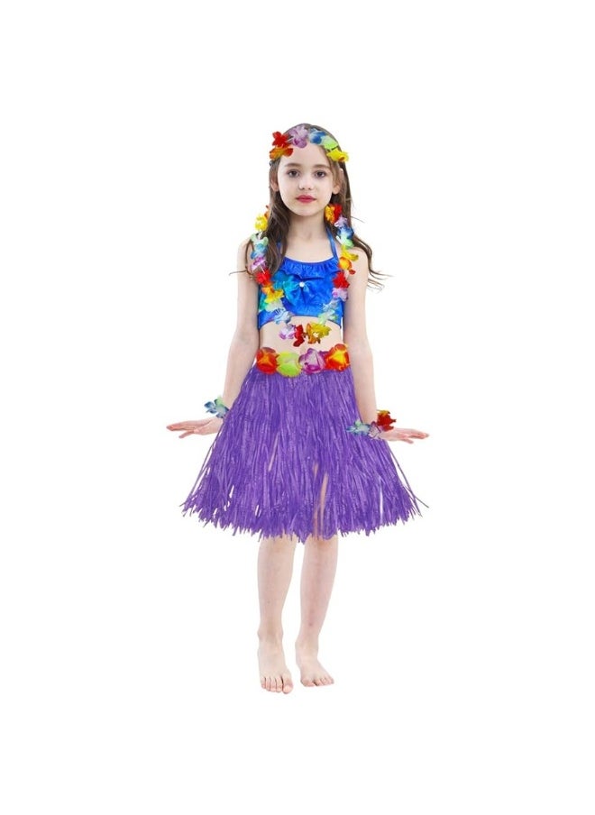 Fortuning's JDS - Girl's Elastic Hawaiian Hula Dancer Grass Skirt with Flower Costume Set -Purple Birthday Tropical Party Decorations 40cm - Image 1