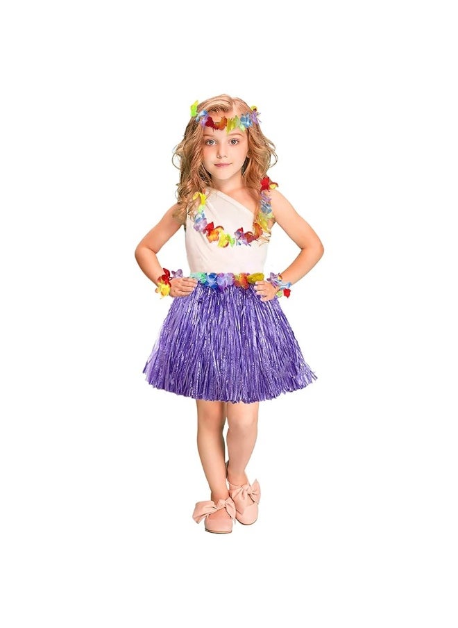 Fortuning's JDS - Girl's Elastic Hawaiian Hula Dancer Grass Skirt with Flower Costume Set -Purple Birthday Tropical Party Decorations 40cm - Image 1