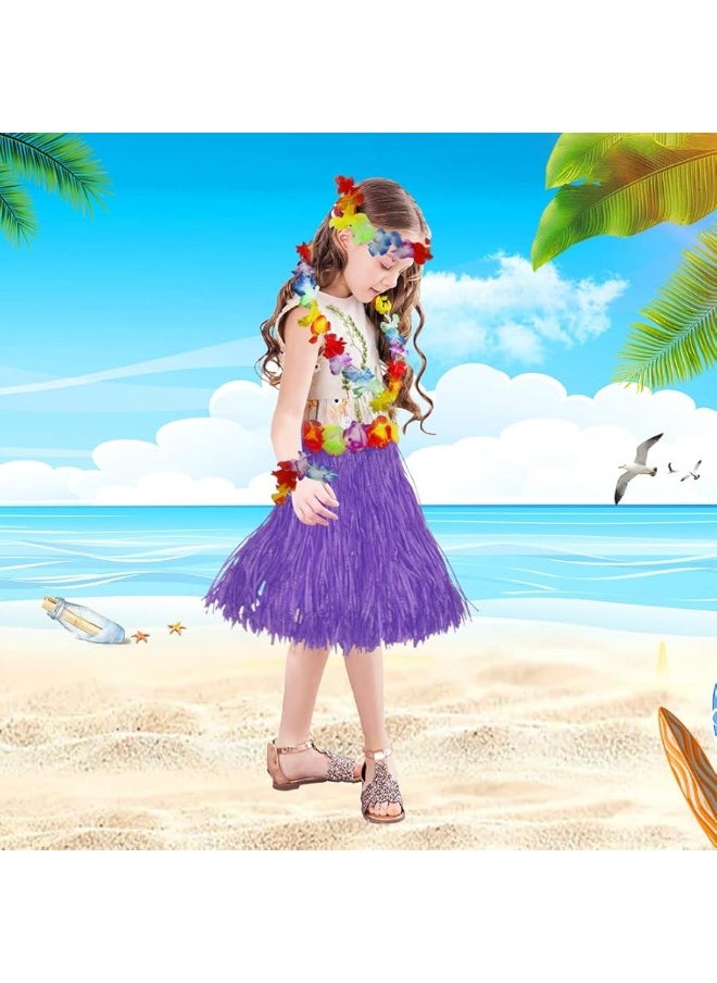 Fortuning's JDS - Girl's Elastic Hawaiian Hula Dancer Grass Skirt with Flower Costume Set -Purple Birthday Tropical Party Decorations 40cm - Image 1