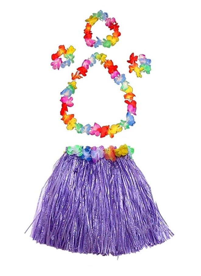 Fortuning's JDS - Girl's Elastic Hawaiian Hula Dancer Grass Skirt with Flower Costume Set -Purple Birthday Tropical Party Decorations 40cm - Image 1
