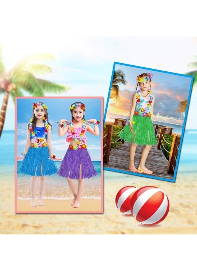 Fortuning's JDS - Girl's Elastic Hawaiian Hula Dancer Grass Skirt with Flower Costume Set -Purple Birthday Tropical Party Decorations 40cm - Image 1