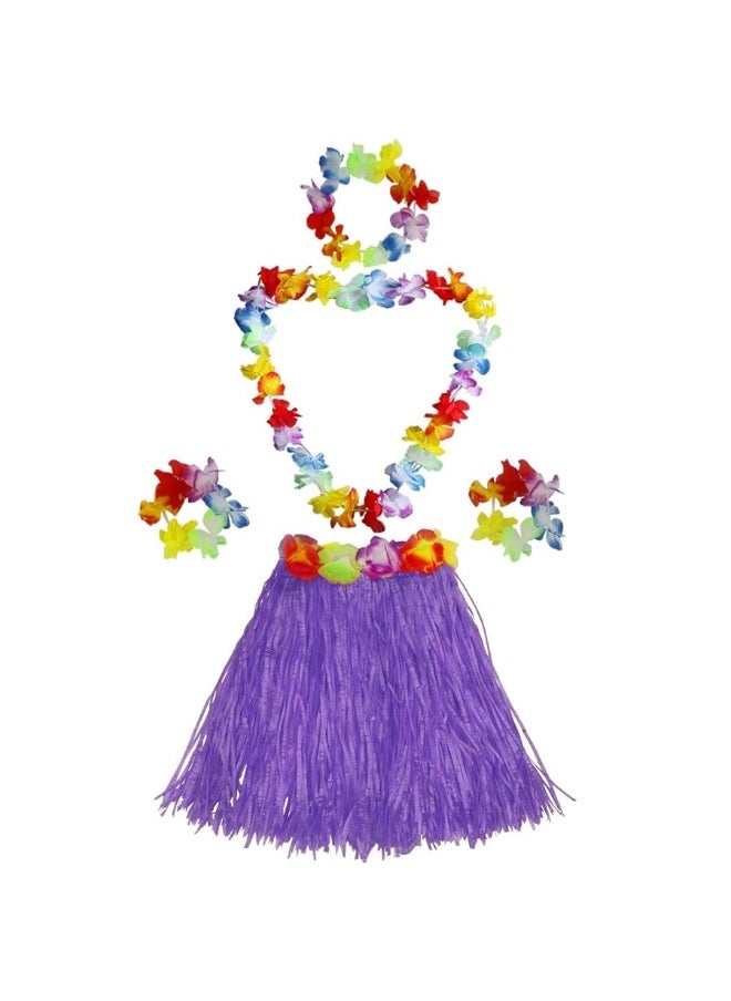 Fortuning's JDS - Girl's Elastic Hawaiian Hula Dancer Grass Skirt with Flower Costume Set -Purple Birthday Tropical Party Decorations 40cm - Image 1