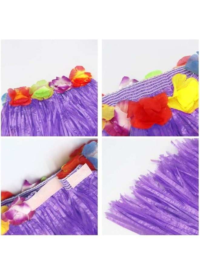 Fortuning's JDS - Girl's Elastic Hawaiian Hula Dancer Grass Skirt with Flower Costume Set -Purple Birthday Tropical Party Decorations 40cm - Image 1