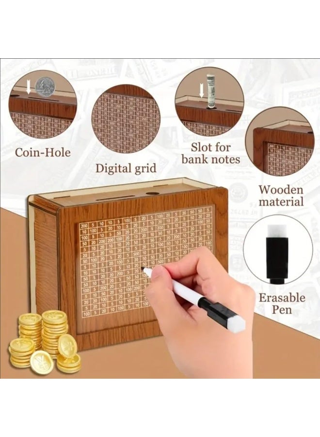 FAYET $10,000 Goal Wooden Piggy Bank with Counter, Eco-Friendly Savings Box with Erasable Target Panel, Motivational Money Bank for Adults & Kids, Ideal Gift for Home, Office - Image 2