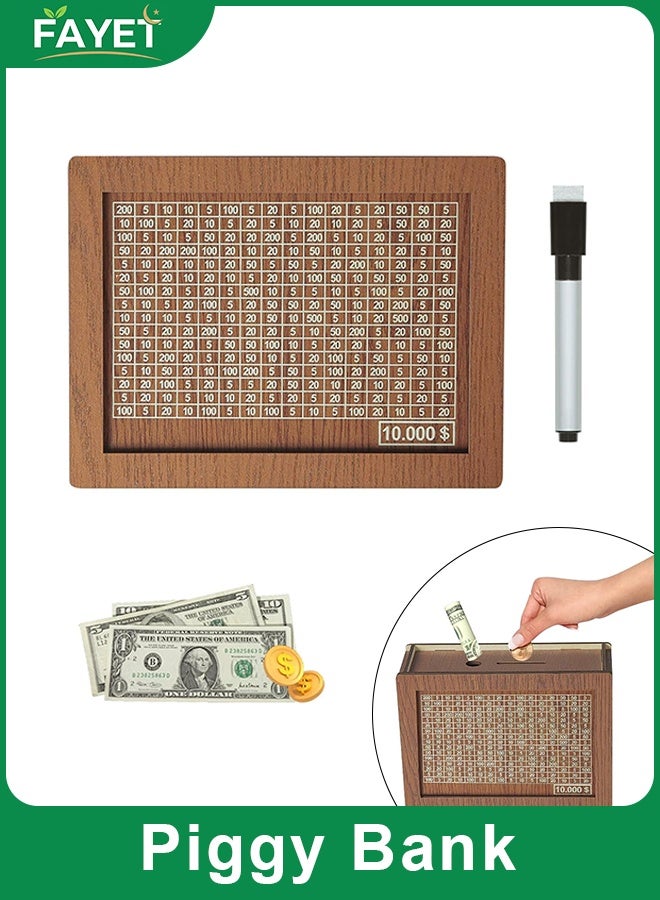 FAYET $10,000 Goal Wooden Piggy Bank with Counter, Eco-Friendly Savings Box with Erasable Target Panel, Motivational Money Bank for Adults & Kids, Ideal Gift for Home, Office - Image 1