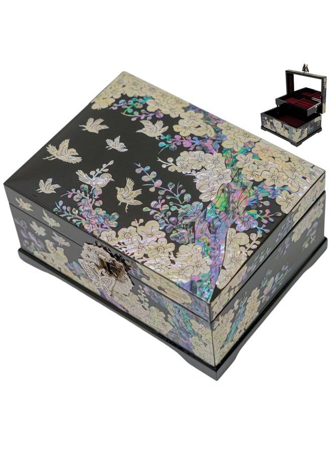 February Mountain Mother-of-Pearl Jewelry Box – Handcrafted Bird & Floral Design, Two-Tier Organizer with Mirror, Black Lacquer Finish, Red Velvet Interior – Christmas Gift for Women - Image 1
