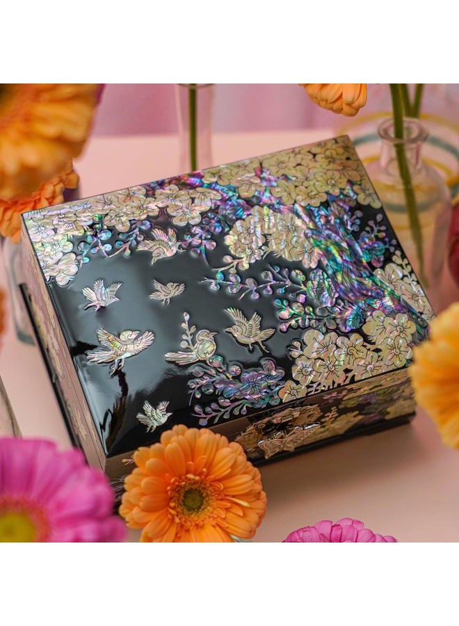 February Mountain Mother-of-Pearl Jewelry Box – Handcrafted Bird & Floral Design, Two-Tier Organizer with Mirror, Black Lacquer Finish, Red Velvet Interior – Christmas Gift for Women - Image 2