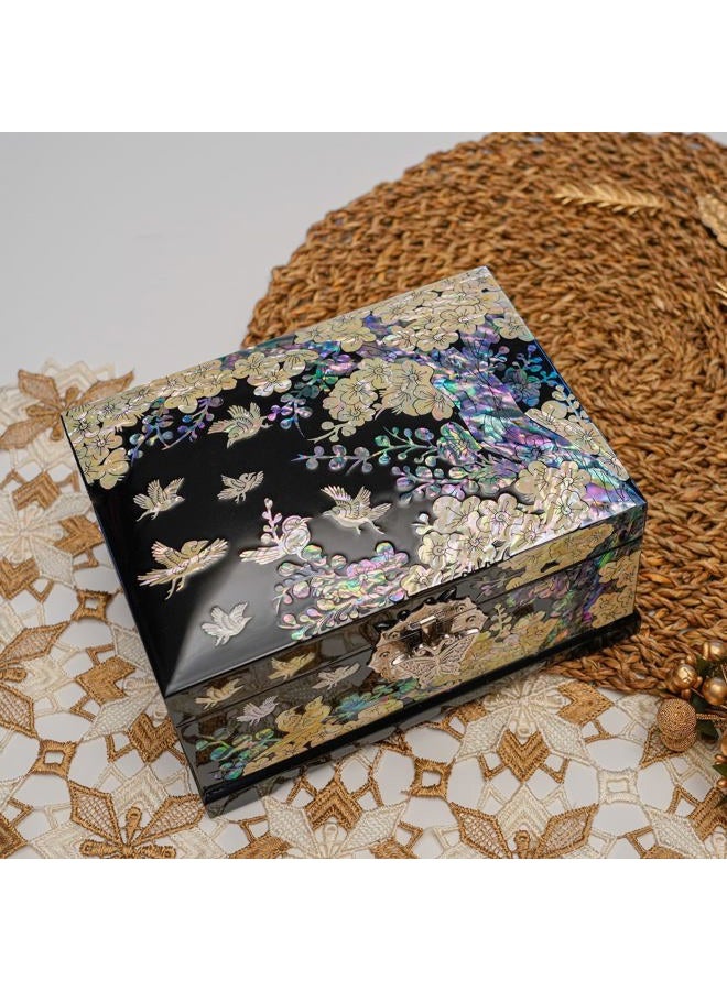 February Mountain Mother-of-Pearl Jewelry Box – Handcrafted Bird & Floral Design, Two-Tier Organizer with Mirror, Black Lacquer Finish, Red Velvet Interior – Christmas Gift for Women - Image 5