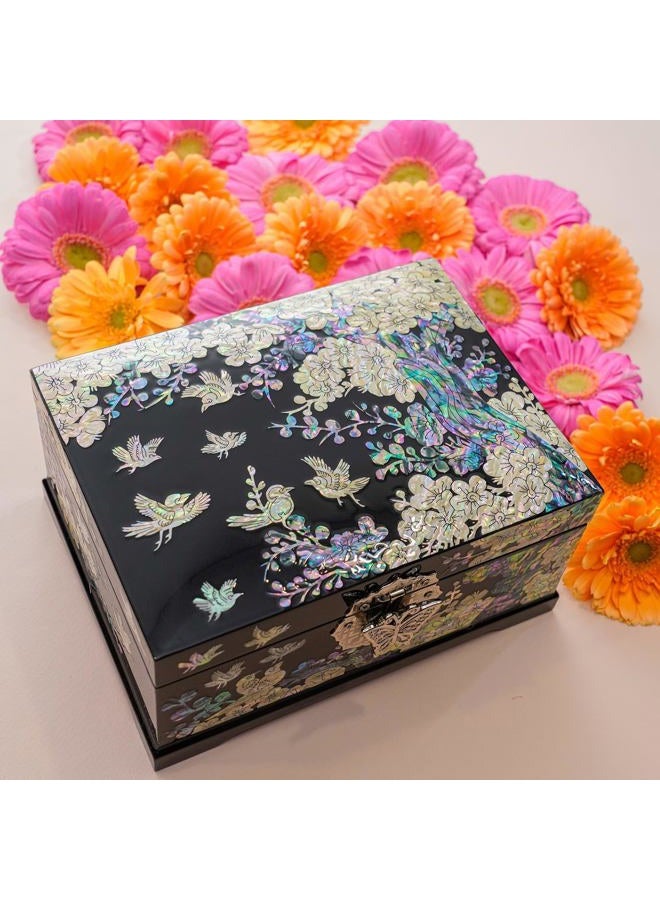 February Mountain Mother-of-Pearl Jewelry Box – Handcrafted Bird & Floral Design, Two-Tier Organizer with Mirror, Black Lacquer Finish, Red Velvet Interior – Christmas Gift for Women - Image 4