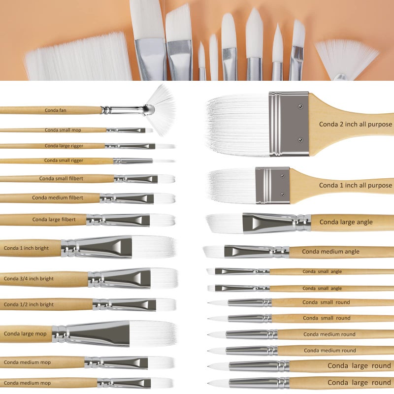 Conda مجموعة فرش الرسم CONDA من 24 شكل مختلف فرش رسم احترافية للرسم بالزيت والأكريليك والكانفاس والرسم بالألوان المائية (أبيض) - Image 2