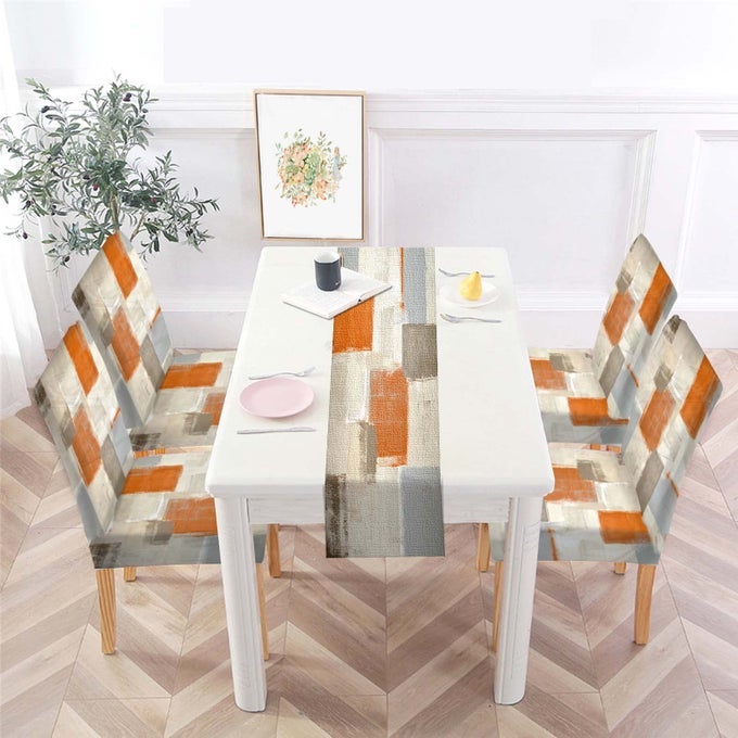 Orange Chair Covers Set of 4 and Table RunnerStretch Brown Chair Slipcovers for KitchenWashable Removable Chair Protector Modern Chair Covers for Dining Room