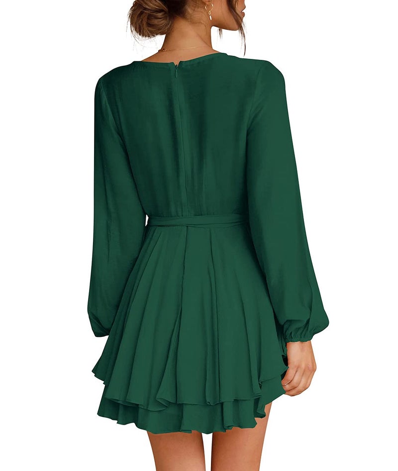 Cosonsen Womens Mini Dress Deep V-Neck Long Sleeve Tie Waist Flare Short Dresses Green S - Image 3