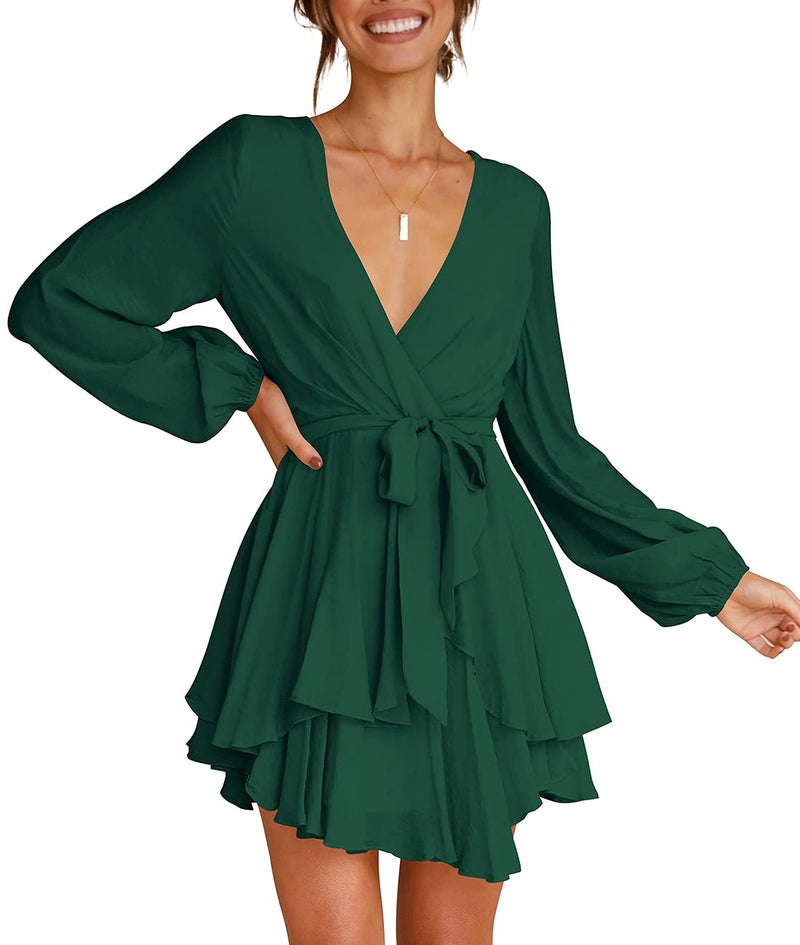 Cosonsen Womens Mini Dress Deep V-Neck Long Sleeve Tie Waist Flare Short Dresses Green S - Image 4