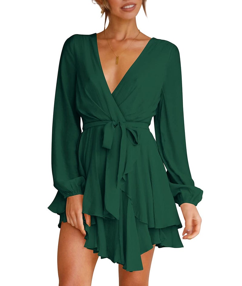 Cosonsen Womens Mini Dress Deep V-Neck Long Sleeve Tie Waist Flare Short Dresses Green S - Image 1