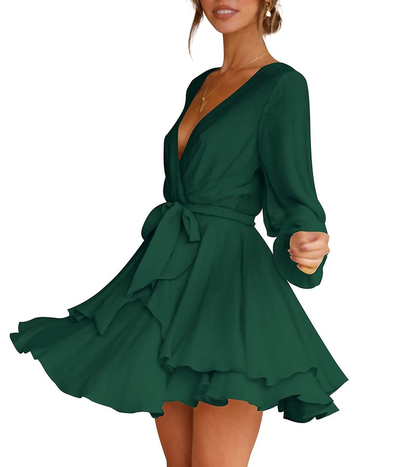 Cosonsen Womens Mini Dress Deep V-Neck Long Sleeve Tie Waist Flare Short Dresses Green S - Image 2