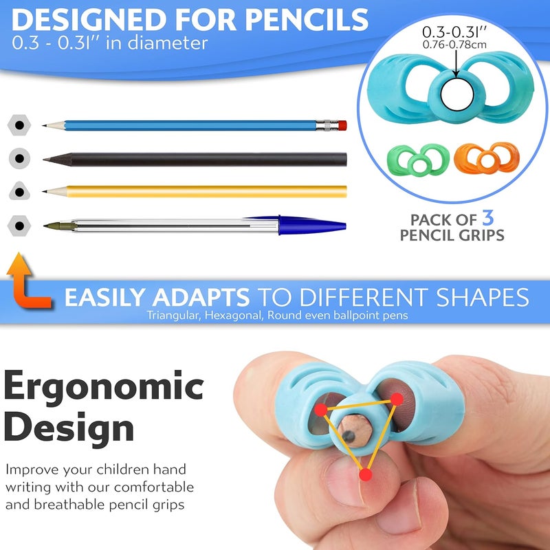 Stylo Set of 3 Grippies - Pencil Grips for Kids Ergonomic Writing Aid for Children and Adults - Image 2