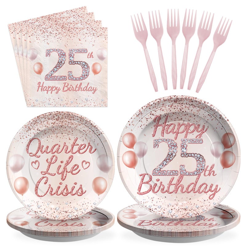 Grencian 96 Pcs 25th Birthday Party Supplies Quarter Life Crisis Rose Gold 25 Year Old Birthday Plates and Napkins Tableware Set 25th Birthday Decorations for Women Girls Happy 25th Birthday Party Serves 24 - Image 1