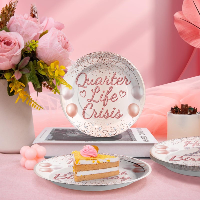 Grencian 96 Pcs 25th Birthday Party Supplies Quarter Life Crisis Rose Gold 25 Year Old Birthday Plates and Napkins Tableware Set 25th Birthday Decorations for Women Girls Happy 25th Birthday Party Serves 24 - Image 5