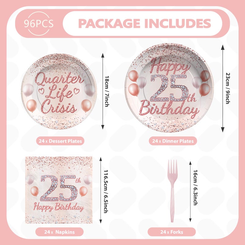 Grencian 96 Pcs 25th Birthday Party Supplies Quarter Life Crisis Rose Gold 25 Year Old Birthday Plates and Napkins Tableware Set 25th Birthday Decorations for Women Girls Happy 25th Birthday Party Serves 24 - Image 2