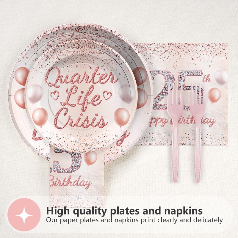 Grencian 96 Pcs 25th Birthday Party Supplies Quarter Life Crisis Rose Gold 25 Year Old Birthday Plates and Napkins Tableware Set 25th Birthday Decorations for Women Girls Happy 25th Birthday Party Serves 24 - Image 3