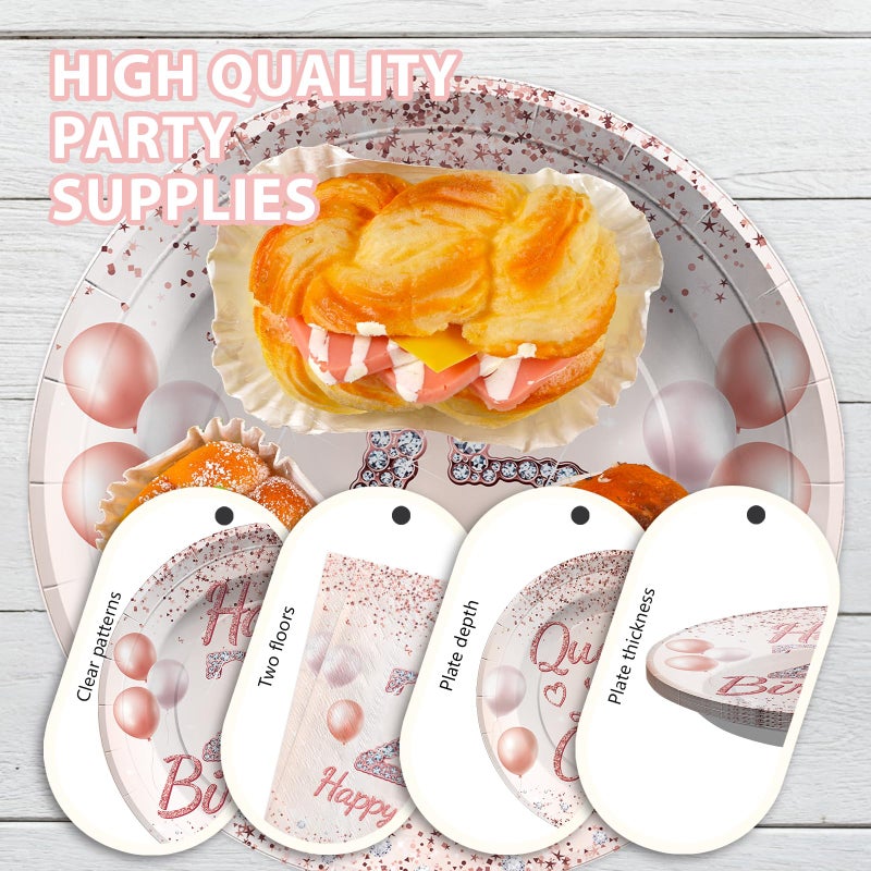 Grencian 96 Pcs 25th Birthday Party Supplies Quarter Life Crisis Rose Gold 25 Year Old Birthday Plates and Napkins Tableware Set 25th Birthday Decorations for Women Girls Happy 25th Birthday Party Serves 24 - Image 4