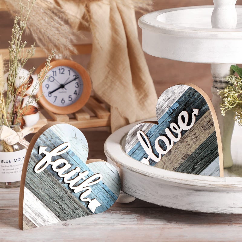 Jetec 2 Pcs Rustic Table Decorations for Living Room Home Farmhouse Table Centerpieces Small Love Wooden Heart Decor for Dining Room Shelf Housewarming Gifts New House Decoration(Love Style) - Image 5